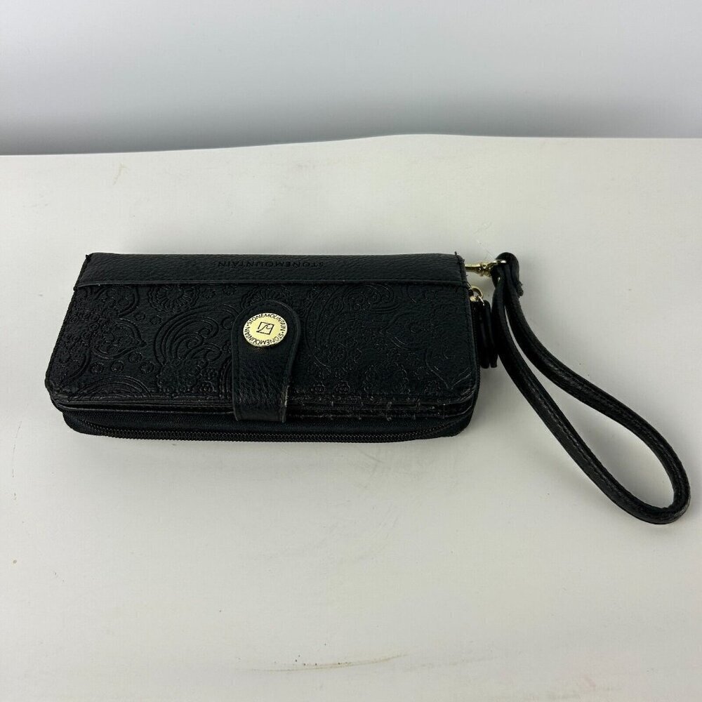Stone Mountain Embossed Paisley Black Leather Wallet Wristlet Clutch 7-1/2" X 4"
